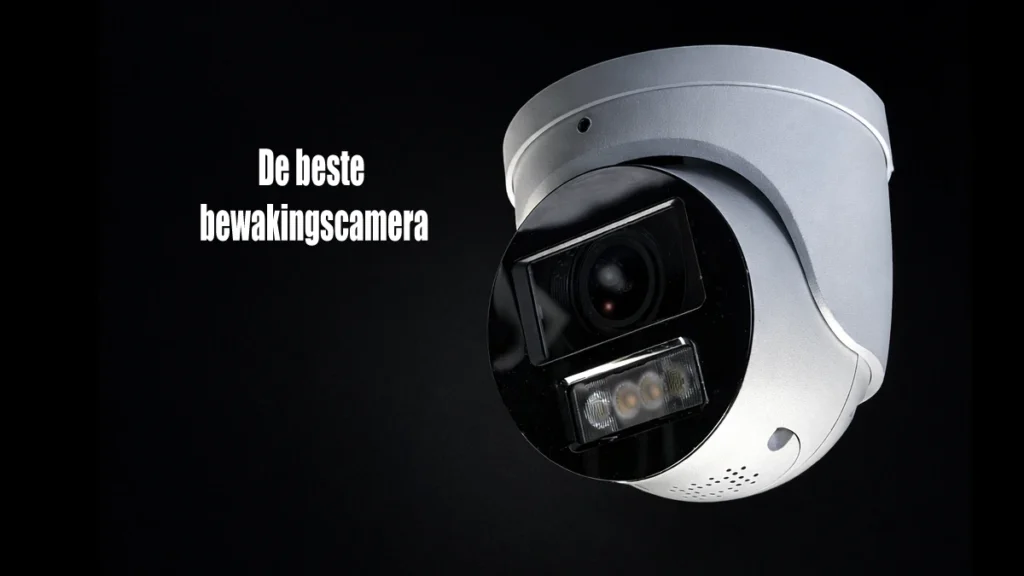 witte turretcamera op zwarte achtergrond met titel in beeld