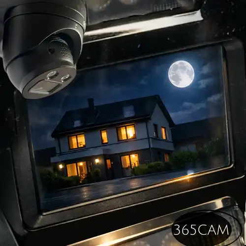illustratie van een turret camera met daarbij een woonhuis in maanlicht