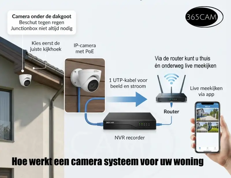 schema van een woning videobewaking system met camera, recorder, router en app