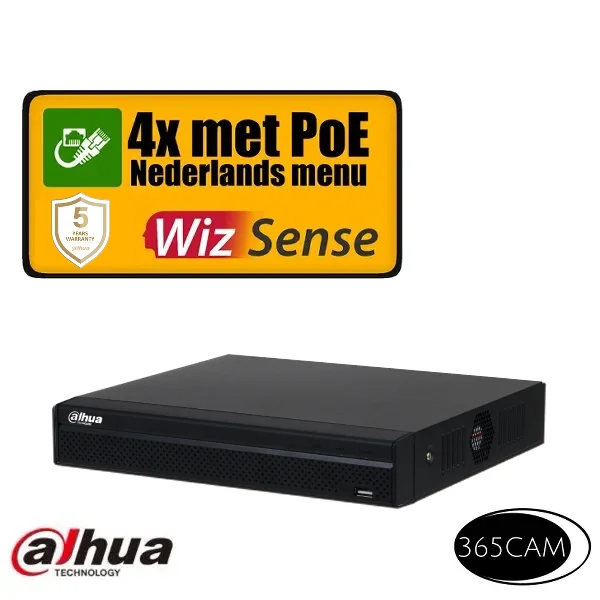zwarte 4 kanalen dahua recorder met PoE op witte achtergrond