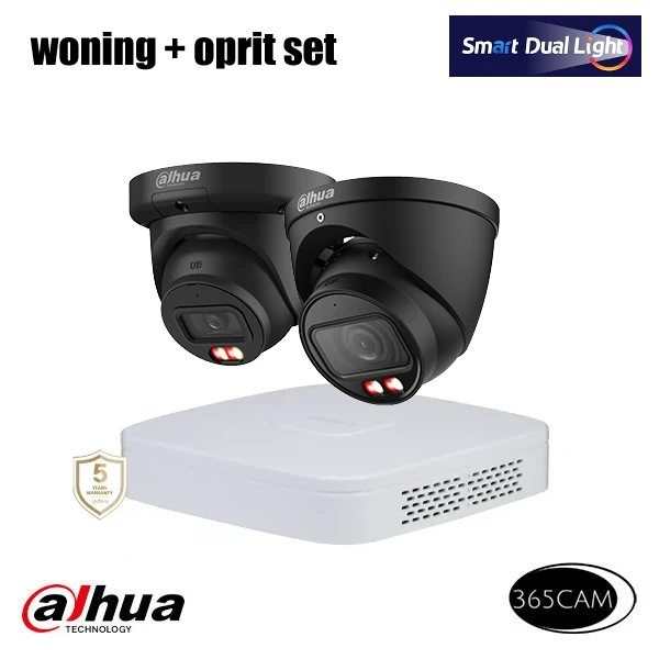 twee zwarte turretcamera's met een vlakke vierkante witte NVR voor woning en oprit set